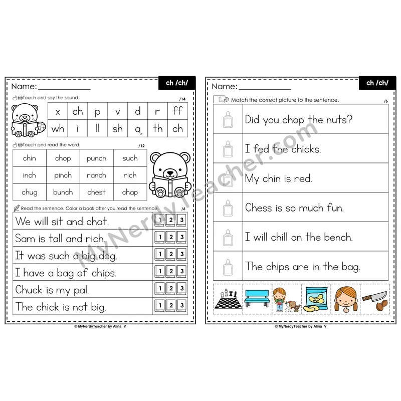 ch Digraph Decodable Sentences — Read and Match (Color)