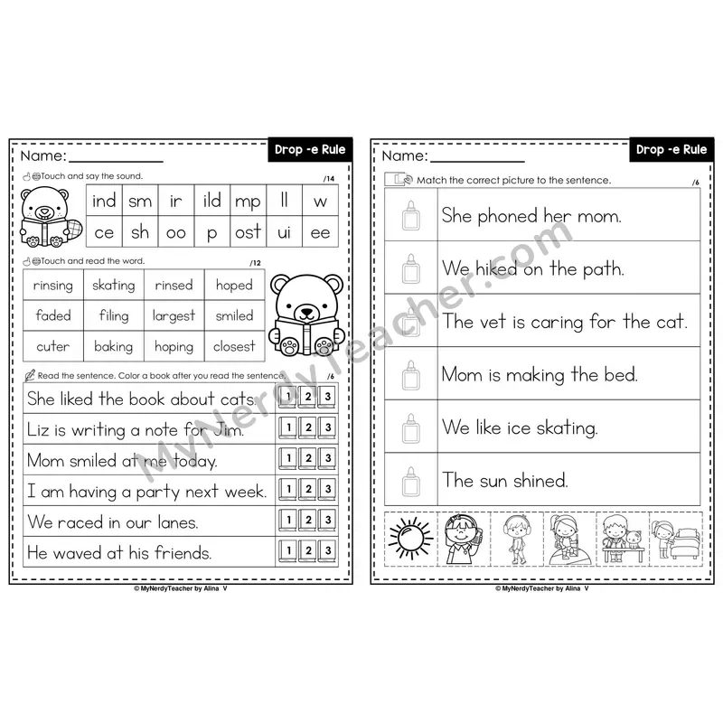 Drop e Spelling Rule Decodable Sentences — Read and Match (Black & White)