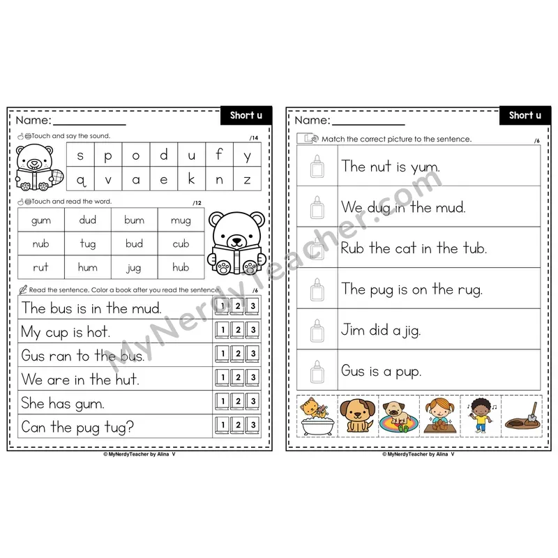 Short U Decodable Sentences — Read and Match (Color)