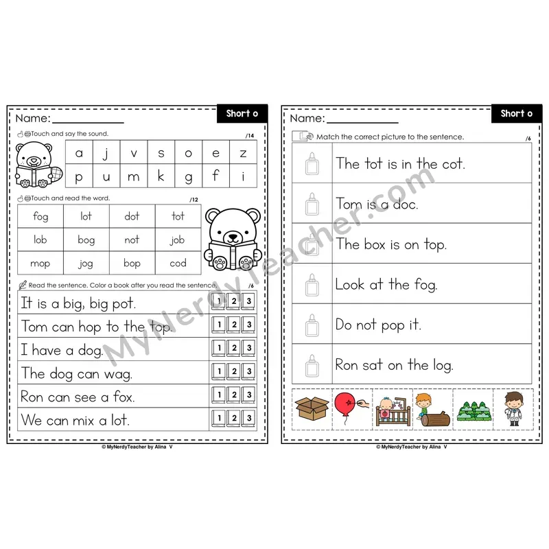 Short O Decodable Sentences — Read and Match (Color)