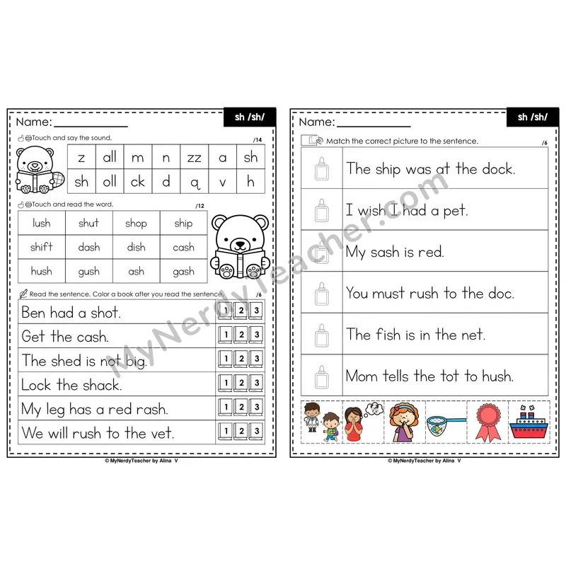 sh Digraph Decodable Sentences — Read and Match (Color)