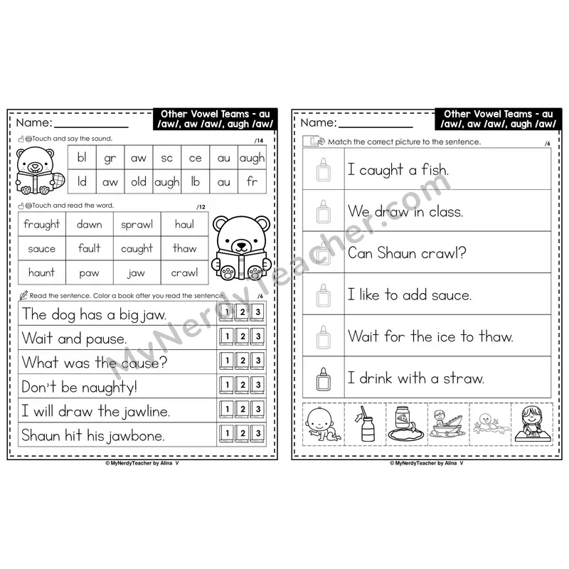 aw Sound Vowel Team au, aw, augh Decodable Sentences — Read and Match (Black & White)