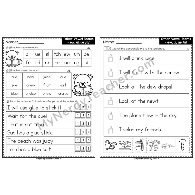 Long U Vowel Team ew, ui, ue Decodable Sentences — Read and Match (Black & White)