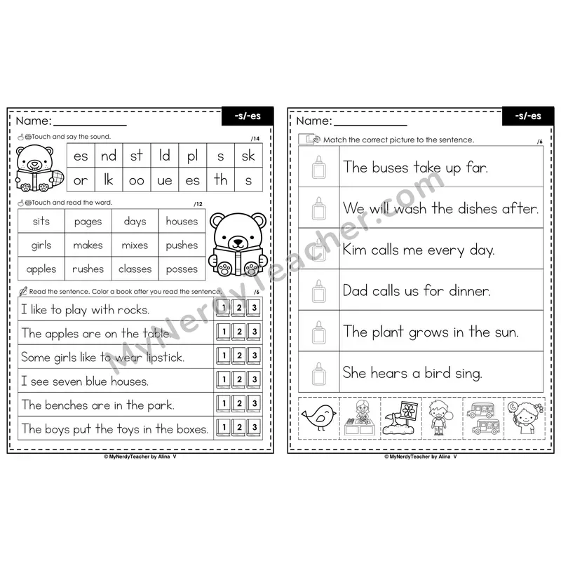Suffix -s, -es Decodable Sentences — Read and Match (Black & White)