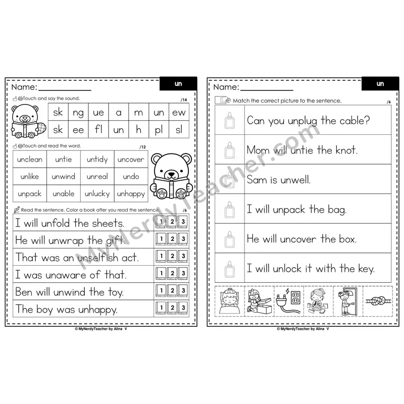 Prefix un- Decodable Sentences — Read and Match (Black & White)