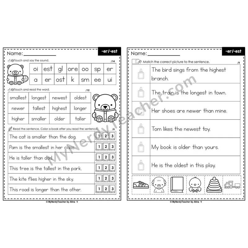 Suffix -er, -est Comparative Decodable Sentences — Read and Match (Black & White)