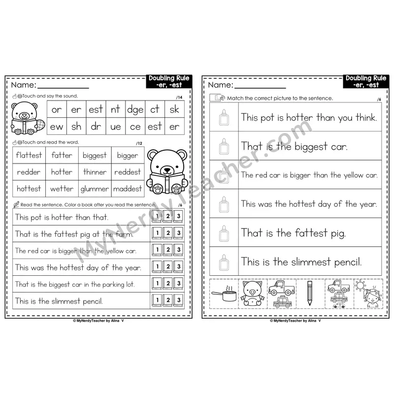 Doubling Rule with -er, -est Decodable Sentences — Read and Match (Black & White)