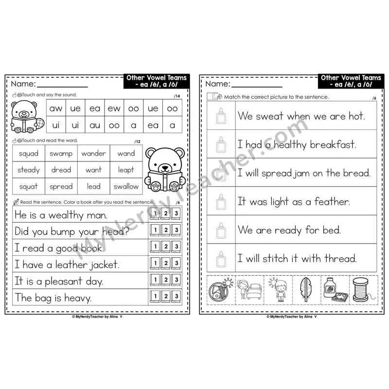 Alternate Sounds ea, a Decodable Sentences — Read and Match (Black & White)