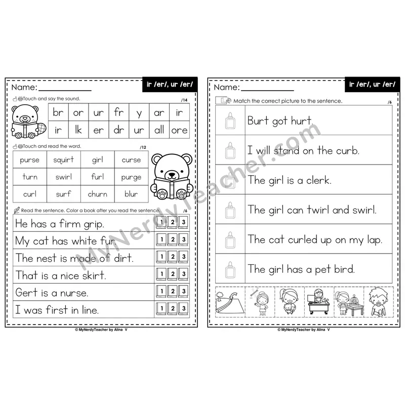 ir, ur R-Controlled Vowels Decodable Sentences — Read and Match (Black & White)