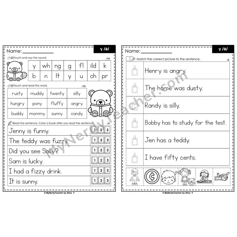 Y as Long E Decodable Sentences — Read and Match (Black & White)