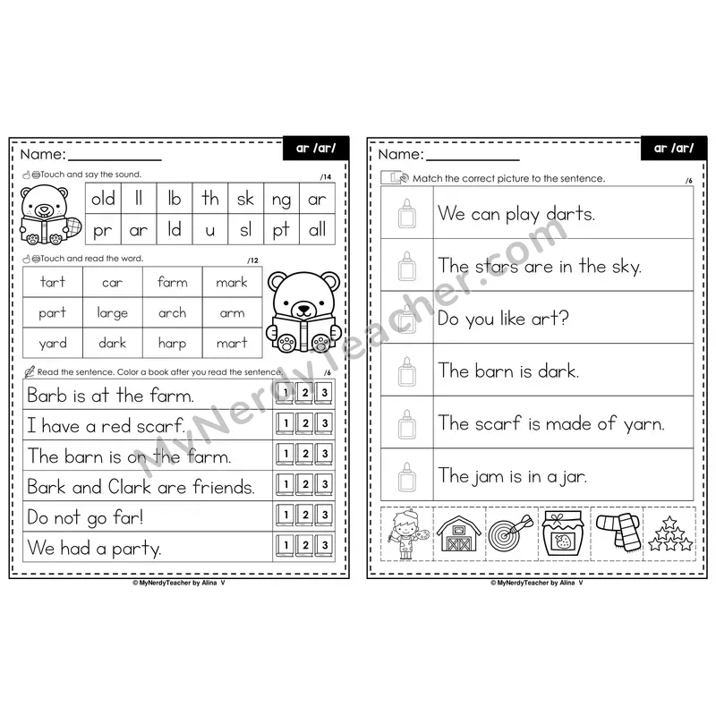 ar R-Controlled Vowel Decodable Sentences — Read and Match (Black & White)