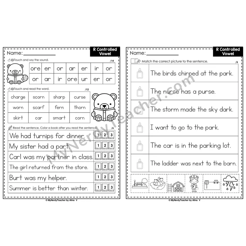 R-Controlled Vowels Review Decodable Sentences — Read and Match (Black & White)