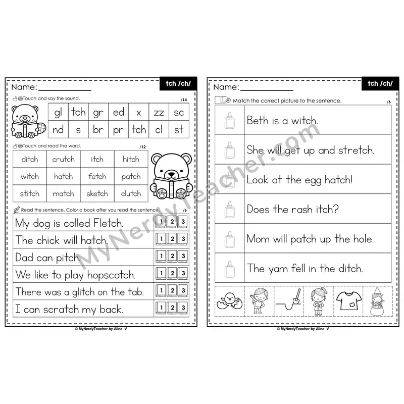tch Trigraph Decodable Sentences — Read and Match (Black & White)