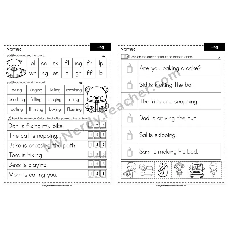 Suffix -ing Inflectional Ending Decodable Sentences — Read and Match (Black & White)