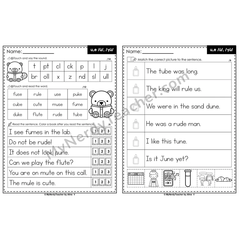 Long U u_e Magic e Decodable Sentences — Read and Match (Black & White)
