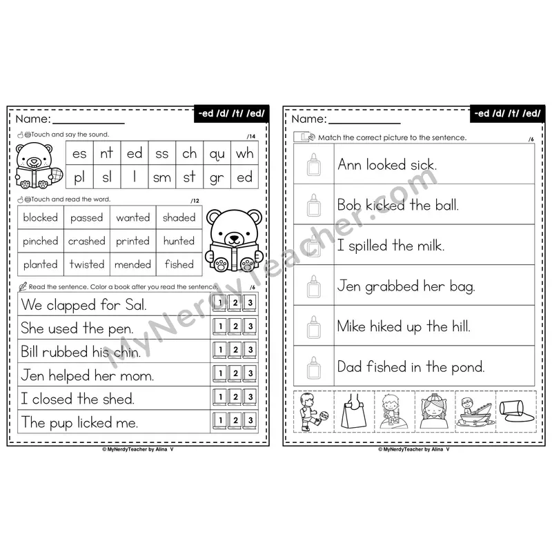 Suffix -ed Inflectional Ending Decodable Sentences — Read and Match (Black & White)