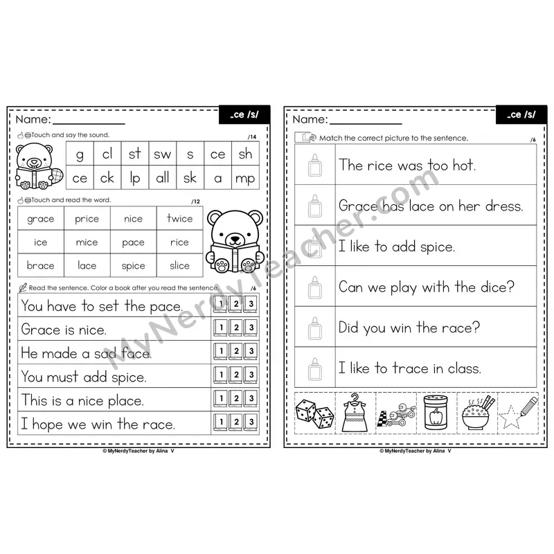 Soft C ce Decodable Sentences — Read and Match (Black & White)