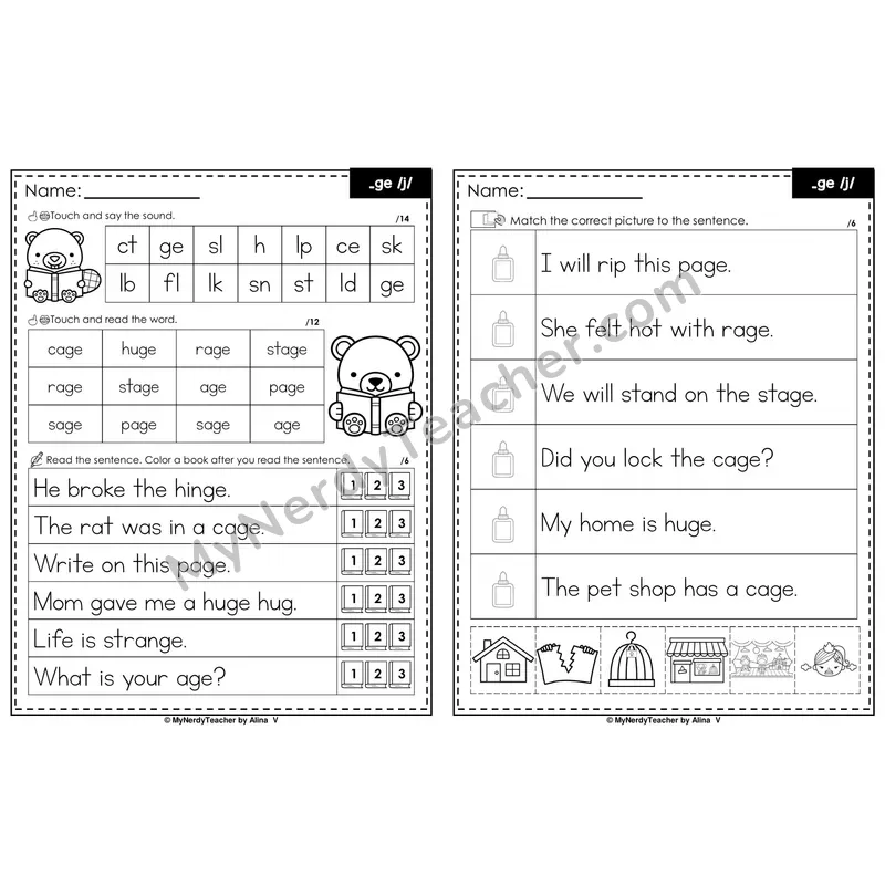 Soft G ge Decodable Sentences — Read and Match (Black & White)