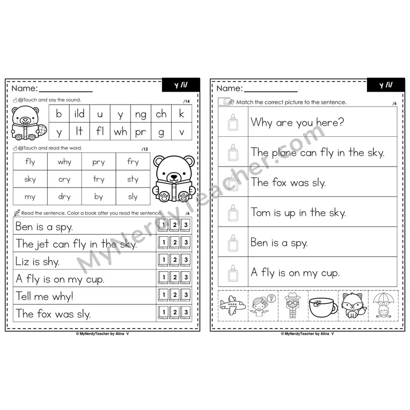 Y as Long I Decodable Sentences — Read and Match (Black & White)