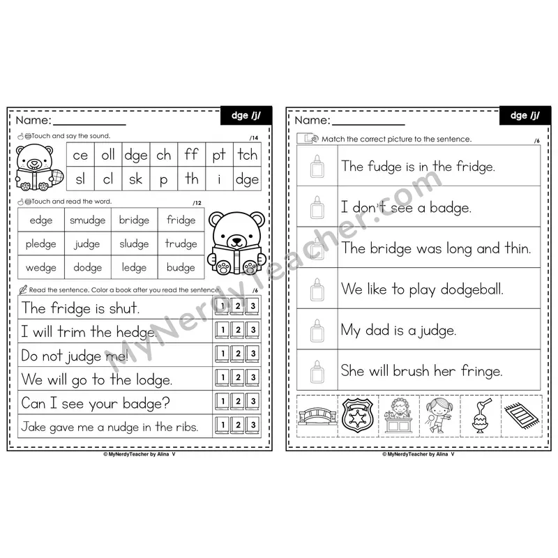 dge Trigraph Decodable Sentences — Read and Match (Black & White)