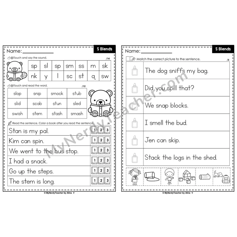 S Blends Decodable Sentences — Read and Match (Black & White)