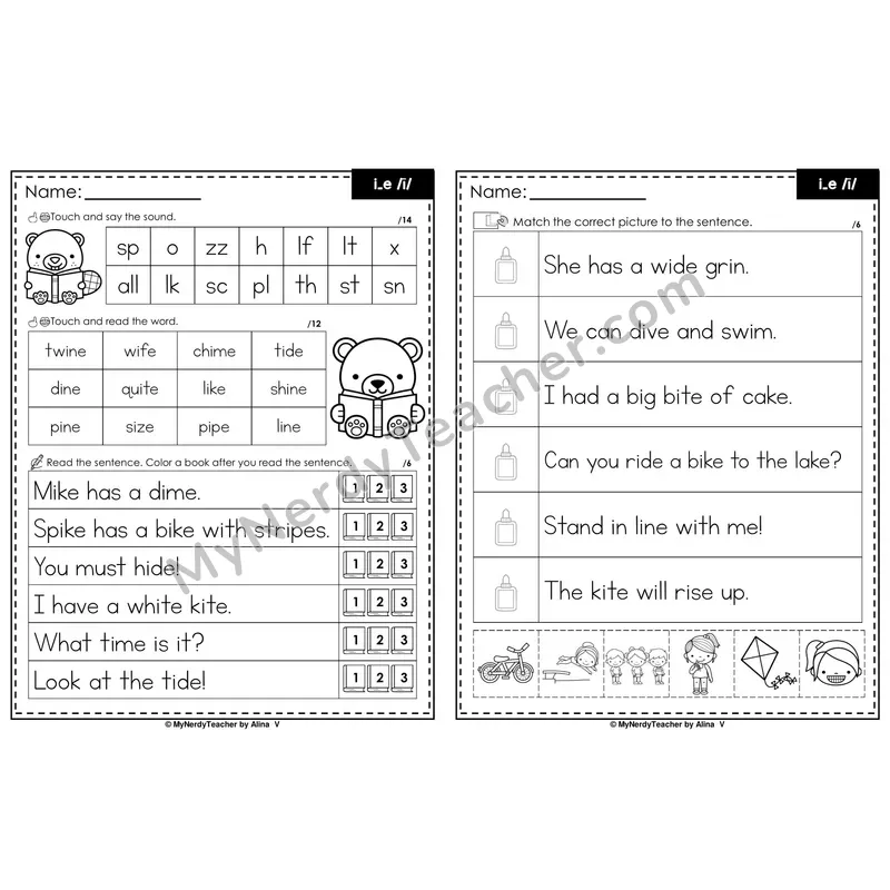 Long I i_e Magic e Decodable Sentences — Read and Match (Black & White)