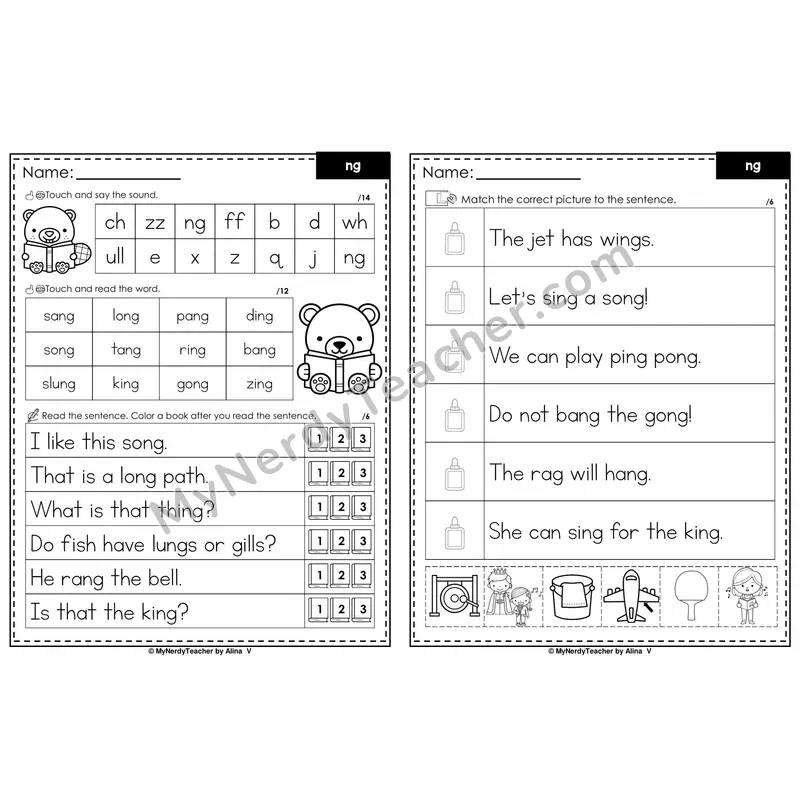 ng Digraph Decodable Sentences — Read and Match (Black & White)