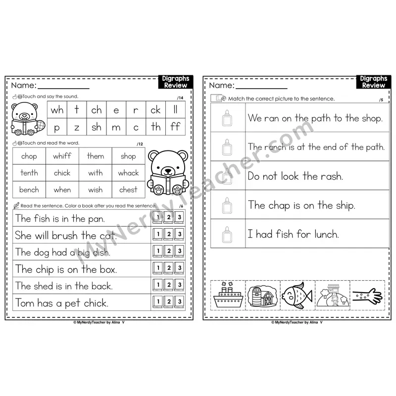 Mixed Digraphs Review Decodable Sentences — Read and Match (Black & White)