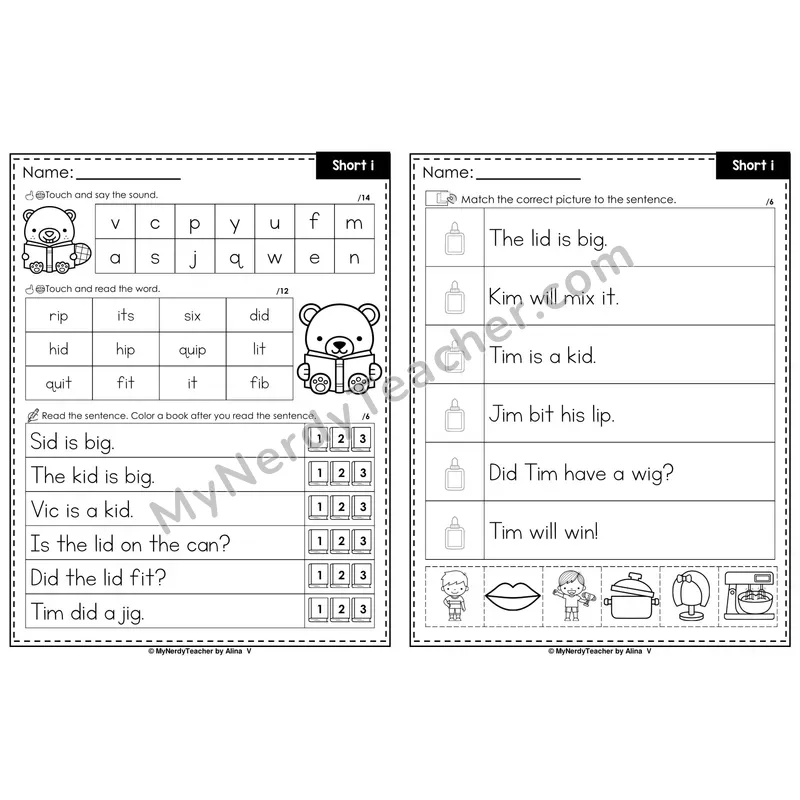 Short I Decodable Sentences — Read and Match (Black & White)
