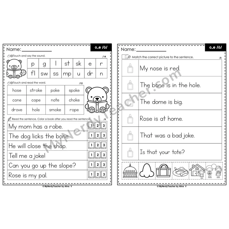 Long O o_e Magic e Decodable Sentences — Read and Match (Black & White)
