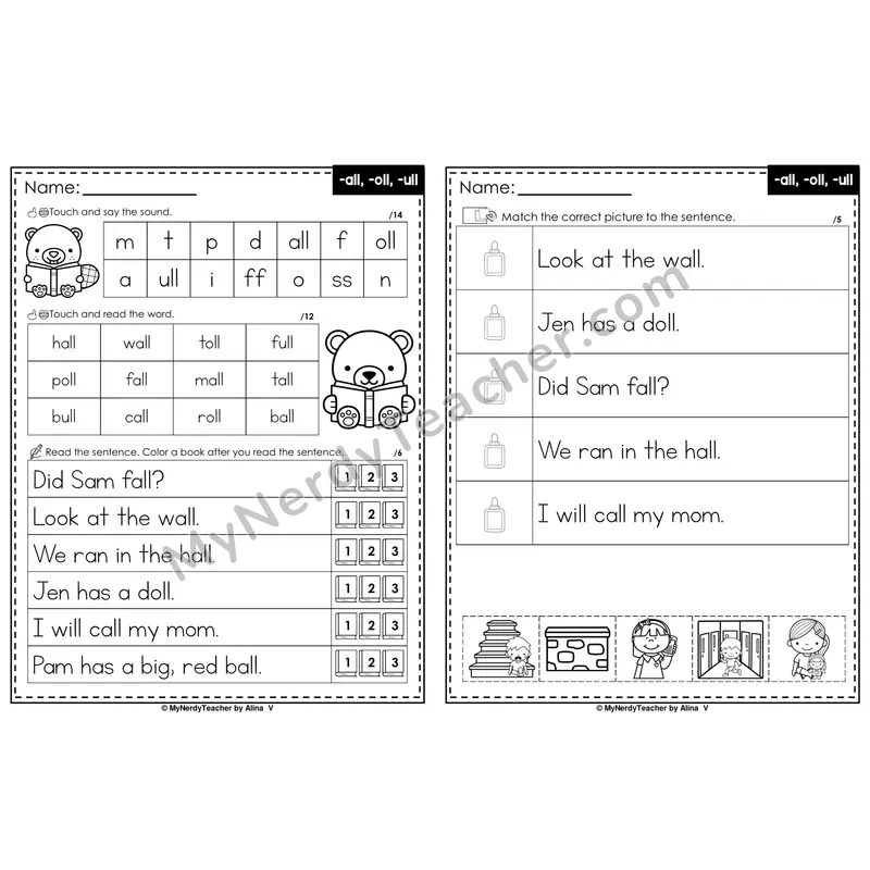 Glued Sounds all, oll, ull Decodable Sentences — Read and Match (Black & White)