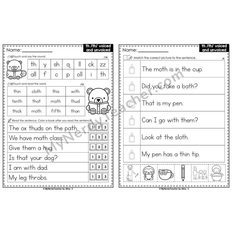 th Digraph Voiced and Unvoiced Decodable Sentences — Read and Match (Black & White)