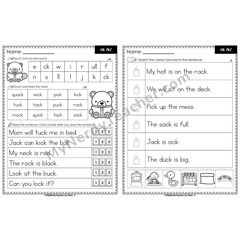 ck Digraph Decodable Sentences — Read and Match (Black & White)