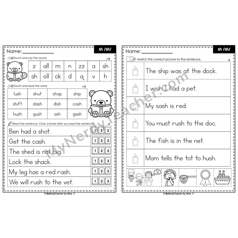 sh Digraph Decodable Sentences — Read and Match (Black & White)