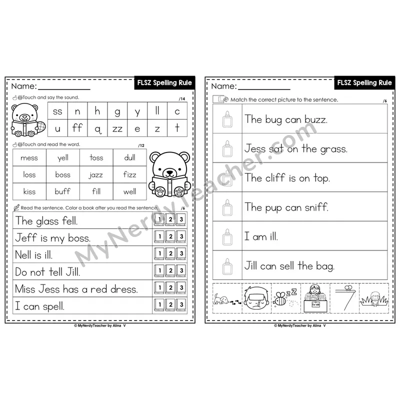 FLSZ Floss Spelling Rule Decodable Sentences — Read and Match (Black & White)