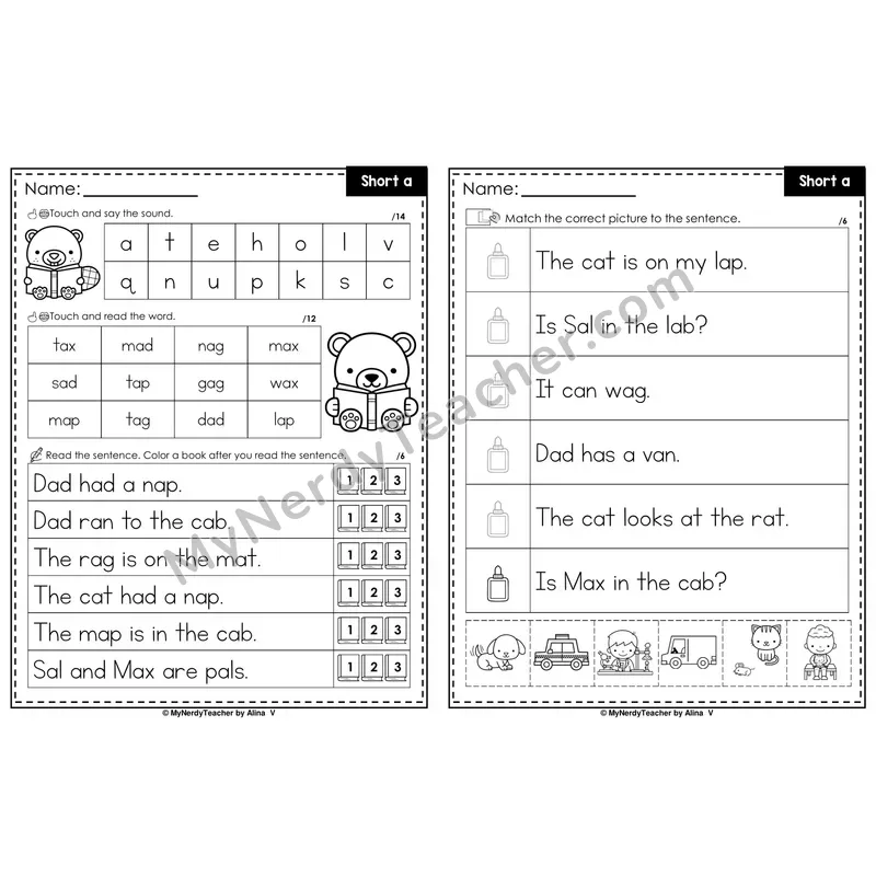 Short A Decodable Sentences — Read and Match (Black & White)
