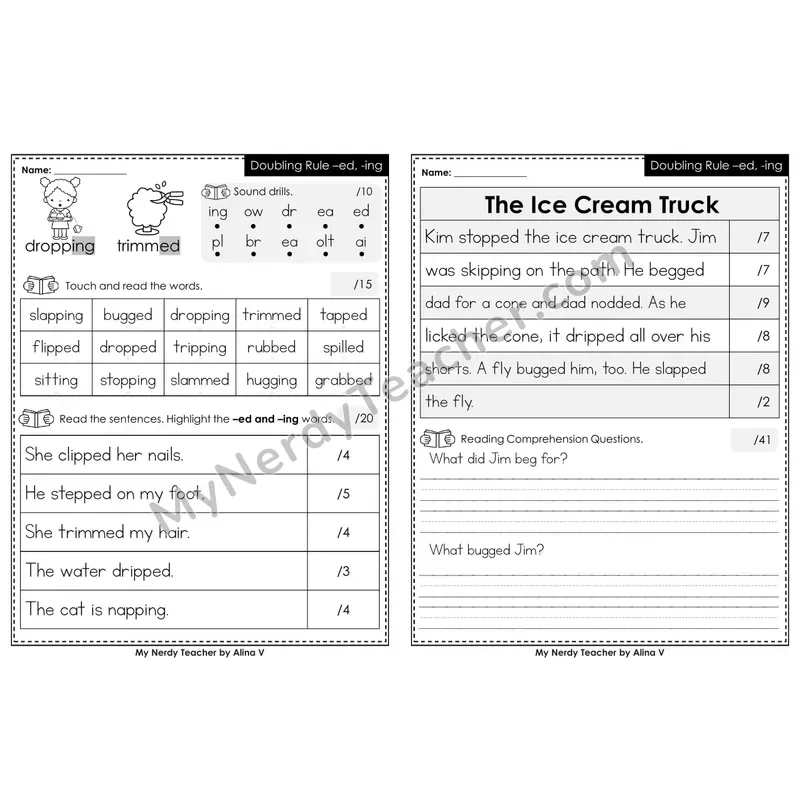 Editable Phonics Assessment — Doubling Rule -ed, -ing (Color)
