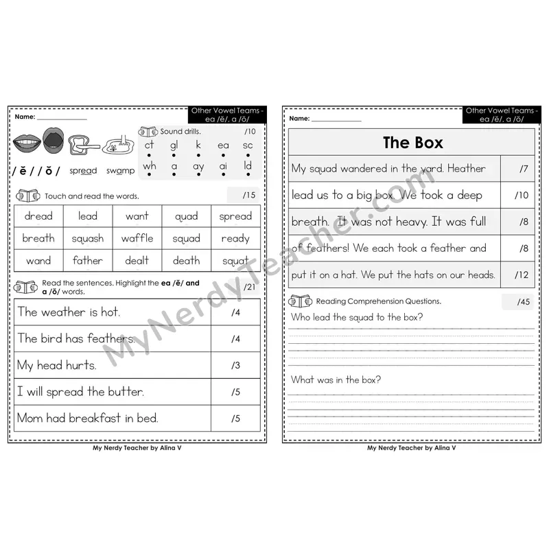 Editable Phonics Assessment — Other Vowel Teams - ea /ĕ/, a /ŏ/ (Color)
