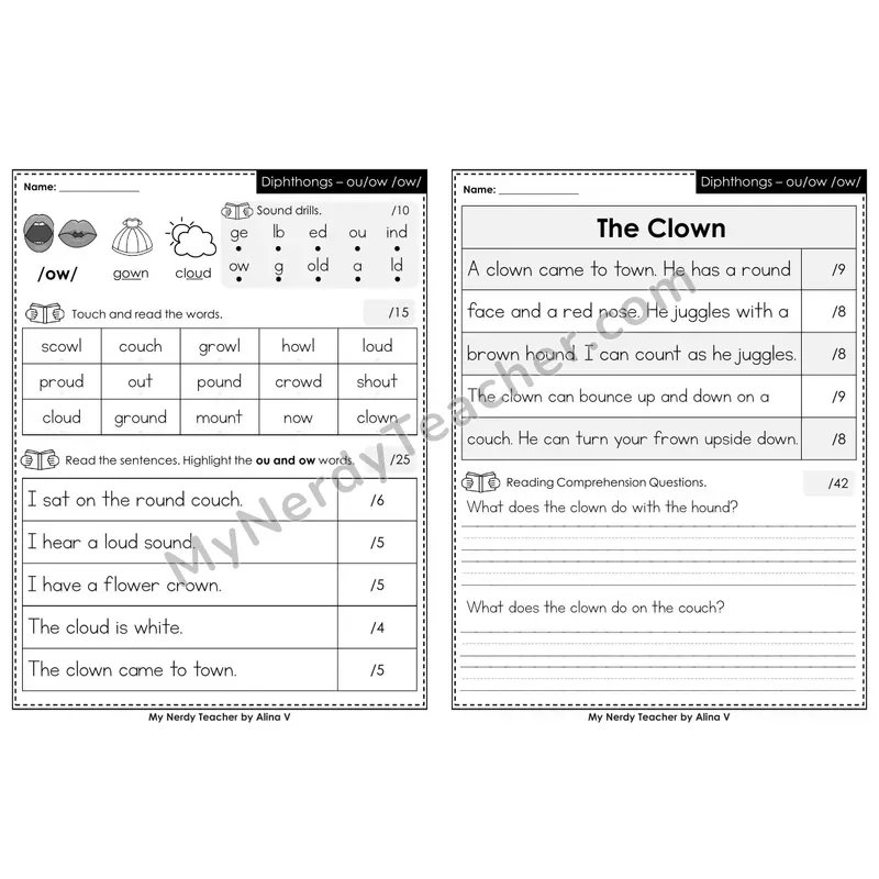 Editable Phonics Assessment — Diphthongs - ou, ow (Color)