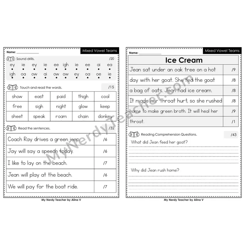 Editable Phonics Assessment — Mixed Vowel Teams (Color)