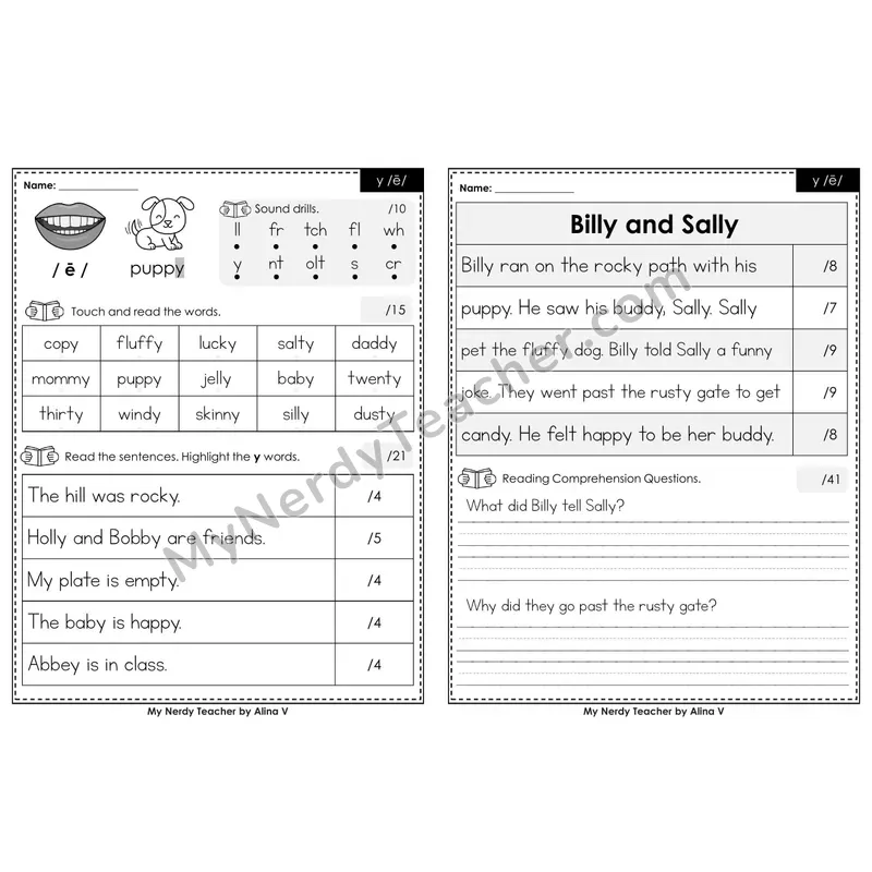 Editable Phonics Assessment — y /ē/ (Color)