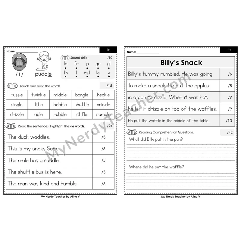 Editable Phonics Assessment — -le (Color)