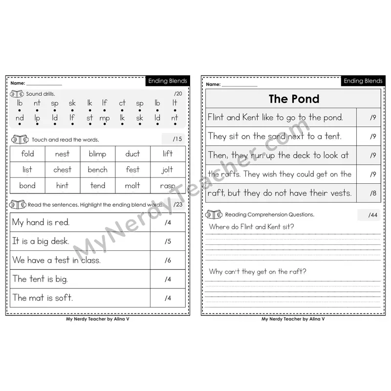 Editable Phonics Assessment — Ending Blends (Color)