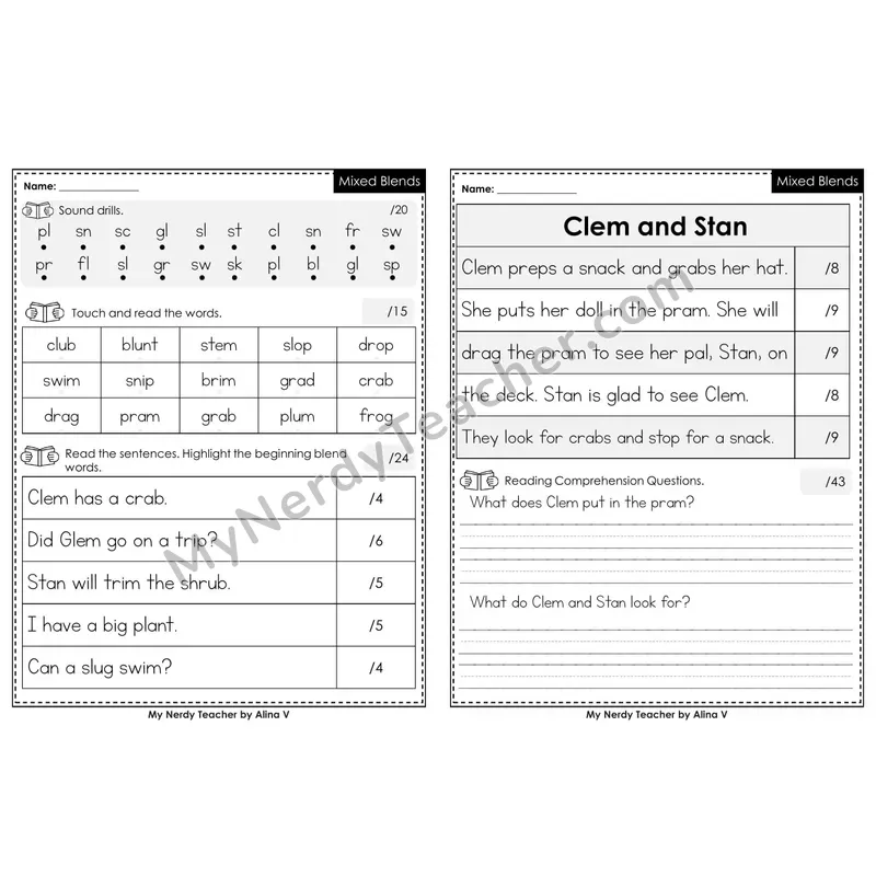 Editable Phonics Assessment — Mixed Blends (Color)