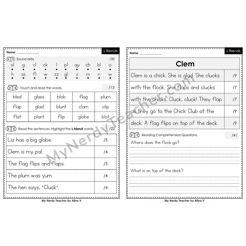 Editable Phonics Assessment — L Blends (Color)