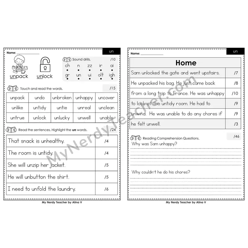 Editable Phonics Assessment — Prefix un- (Black & White)