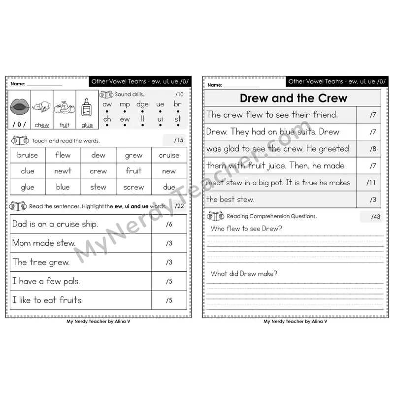 Editable Phonics Assessment — Other Vowel Teams - ew, ui, ue (Black & White)