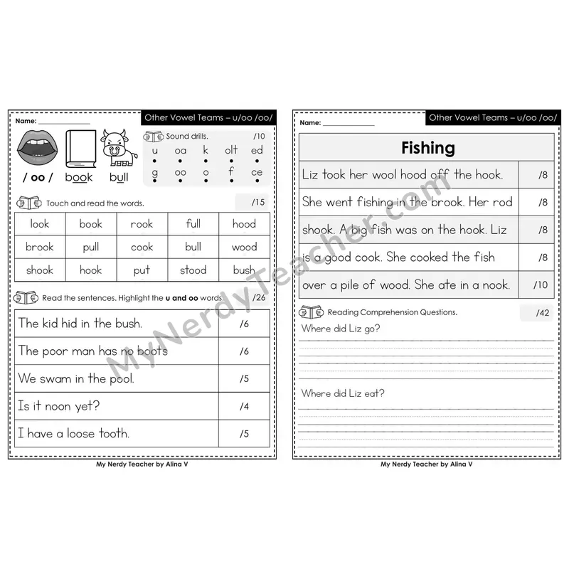 Editable Phonics Assessment — Other Vowel Teams - u, oo /oo/ (Black & White)