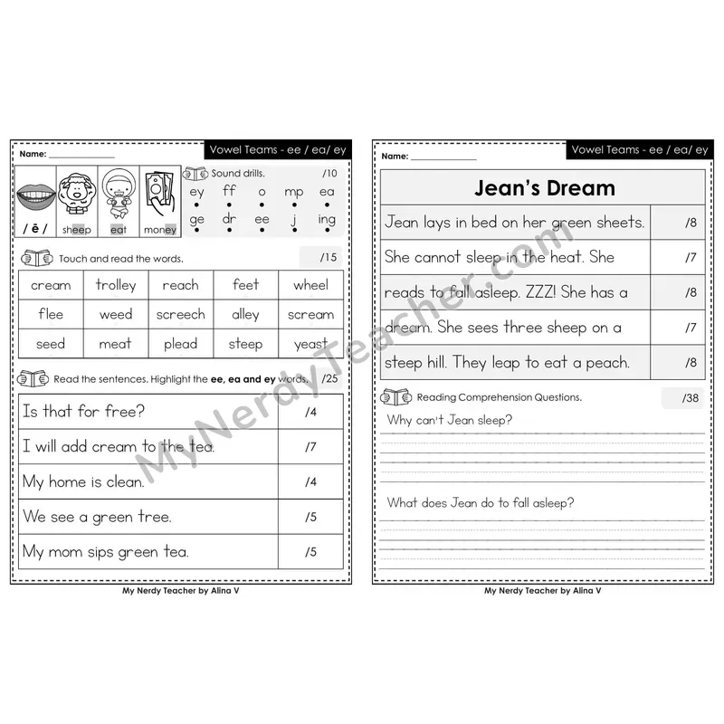 Editable Phonics Assessment — Vowel Teams - ee, ea, ey (Black & White)