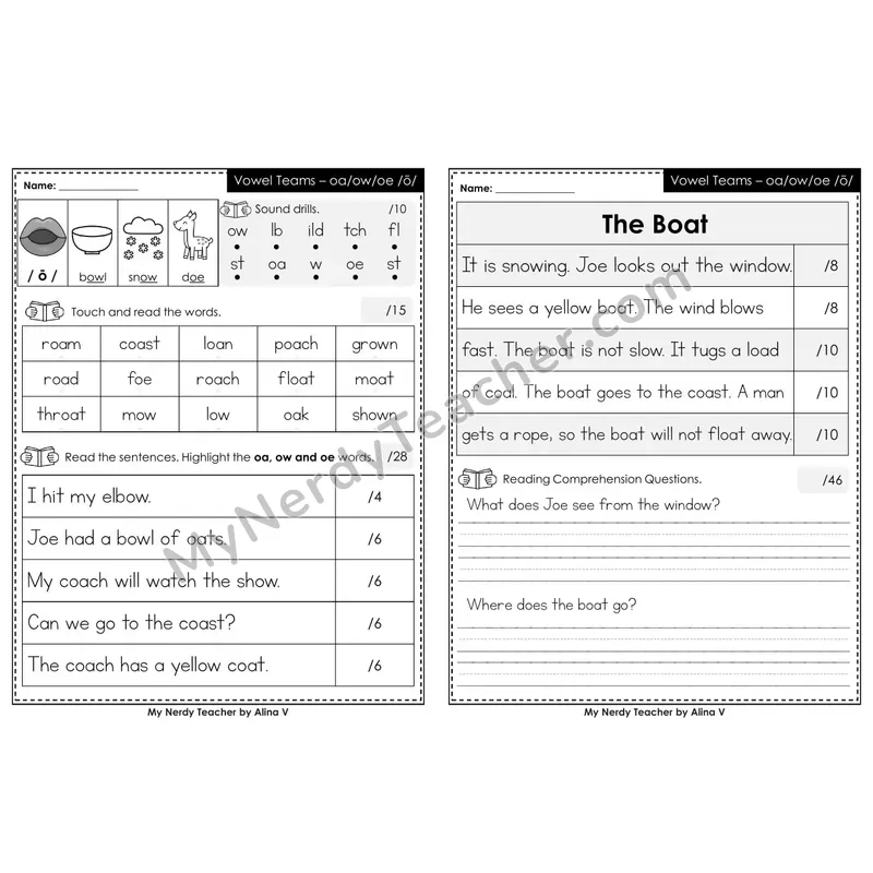Editable Phonics Assessment — Vowel Teams - oa, ow, oe (Black & White)